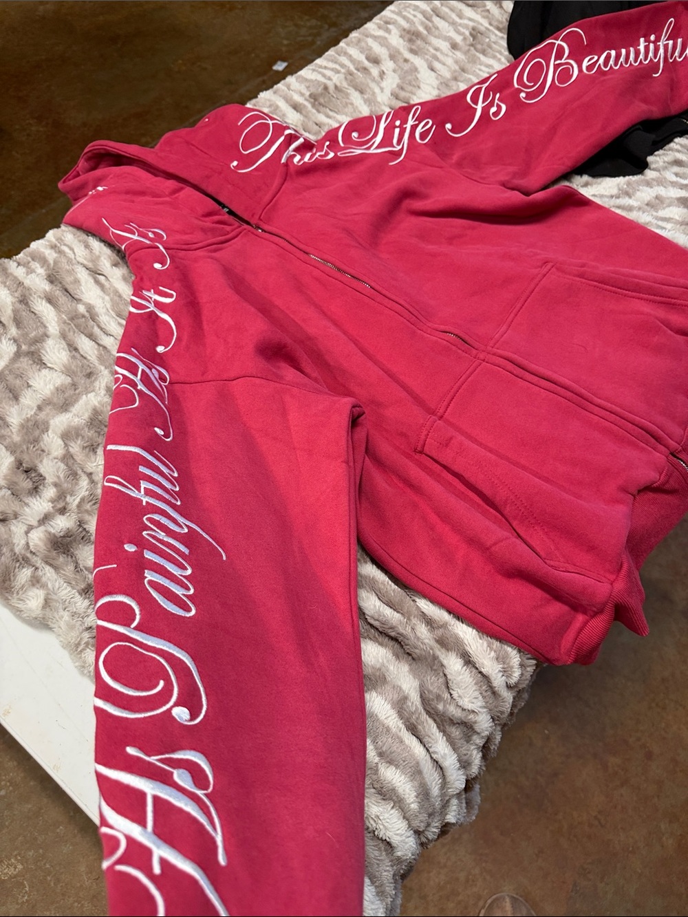 YOURS TRULY Red Full-Zip Hoodie with Script Sleeve and Hood